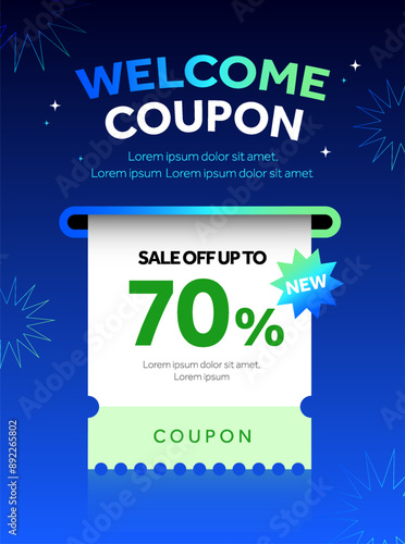 A Coupon is being printed from a slot with coupon code, percentage off, isolated on background. 3d Discount voucher, special price off event banner template. 3d Vector illustration. Vector