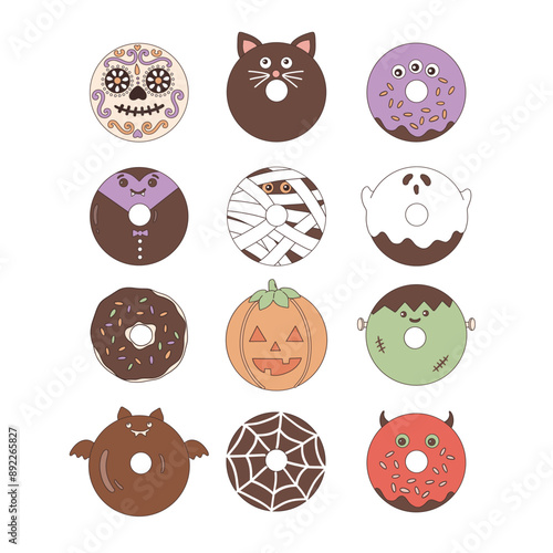 Spooky Halloween donut vector clip-art set isolated on white.