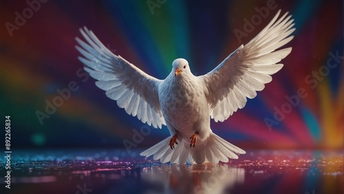 photo of white dove flying with colorful background made by AI generative
