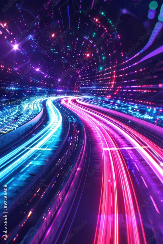 Obraz premium scenes from nighttime with brilliant lights and cityscapes in the background, a car traveling on a highway with lights on, and a cityscape with moving traffic in the background.