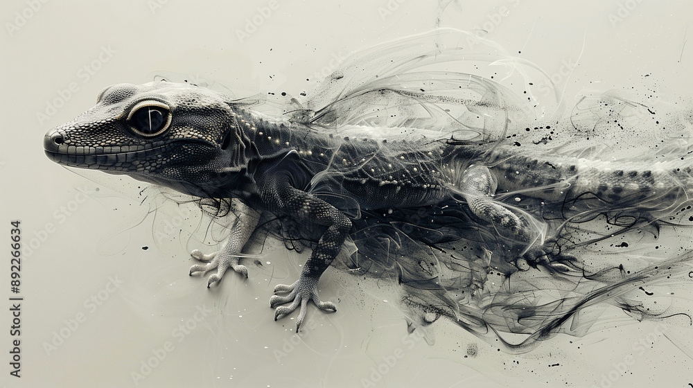 Abstract ink illustration of a gecko black and white background Abstract ink illustration of a gecko black and white background