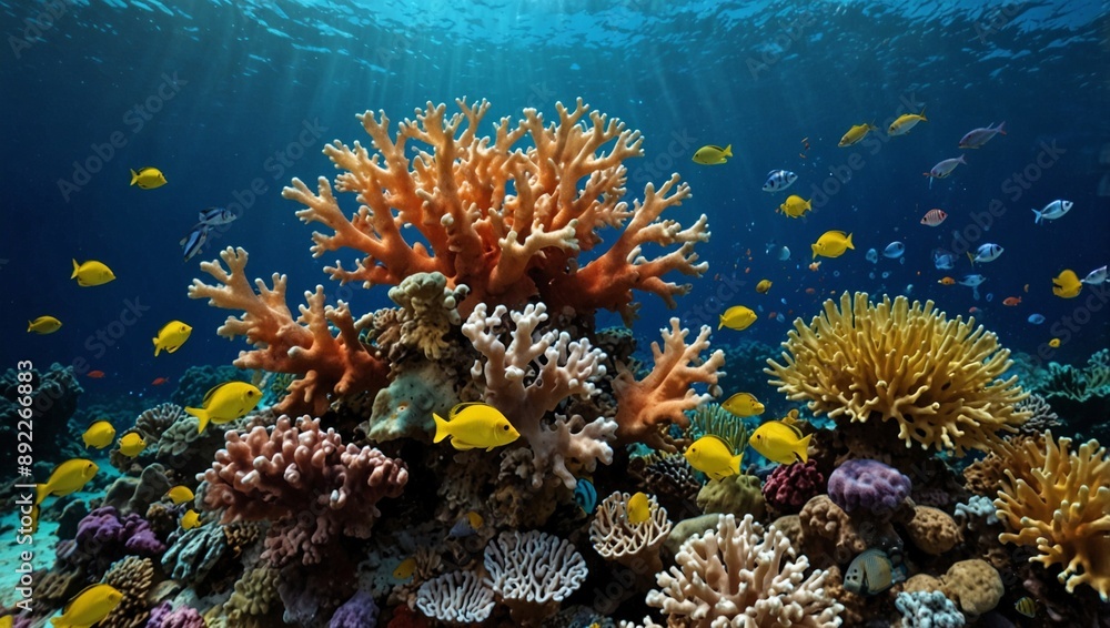 Obraz premium photo of beautiful coral reef and colorful fish in the ocean made by AI generative