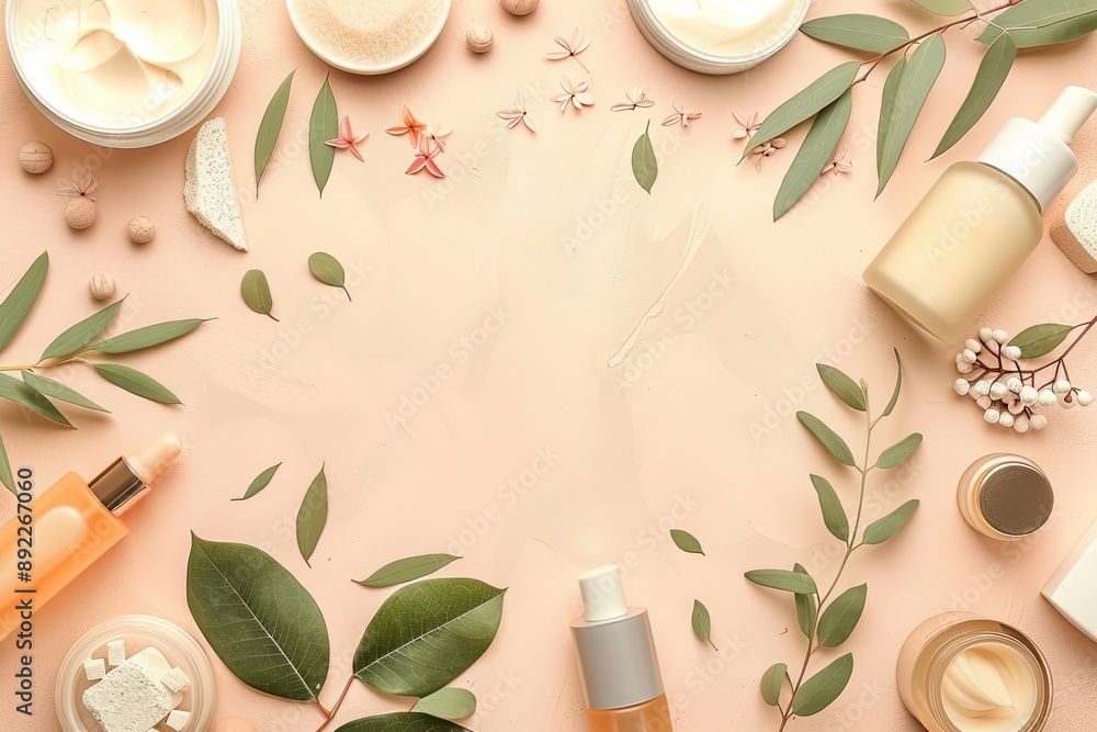 A Collection of Natural Beauty Products Surrounded by Green Leaves and Delicate Flowers on a Pastel Pink Background A Collection of Natural Beauty Products Surrounded by Green Leaves and Delicate Flowers on a Pastel Pink Background