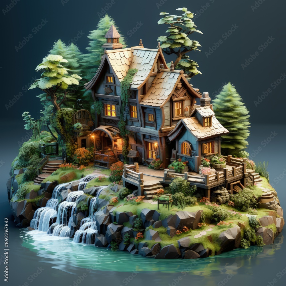Fototapeta premium Cute Isometric Island Cottage Nestled in the Woods by a River