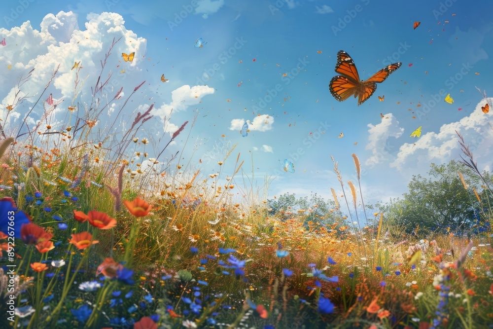 A dreamlike meadow, with a field of wildflowers, a gentle breeze, and butterflies fluttering in the air under a clear blue sky A dreamlike meadow, with a field of wildflowers, a gentle breeze, and butterflies fluttering in the air under a clear blue sky
