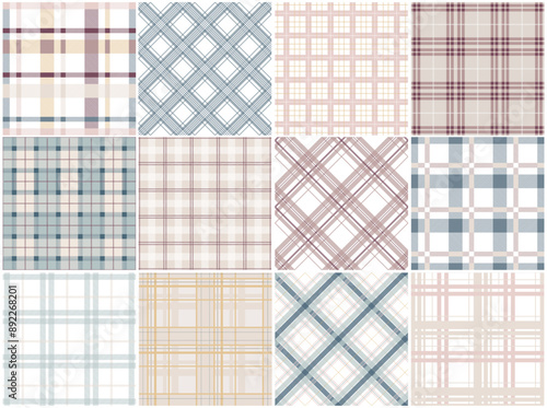 Collection of color textile seamless patterns - geometric striped design. Vector repeatable cloth backgrounds. Delicate tartan plaid fabric prints