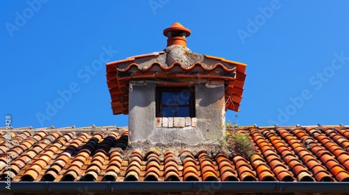 Roof of a house with terracotta tiles and chimney under a clear blue sky in Liguria Italy