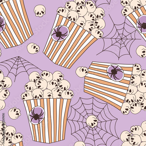 Spooky scull popcorn vector seamless pattern. Halloween treat background.