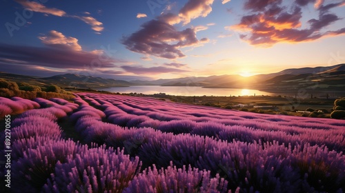 Lavender fields at sunset with mountain background, serene countryside scene with copy space © Tessa