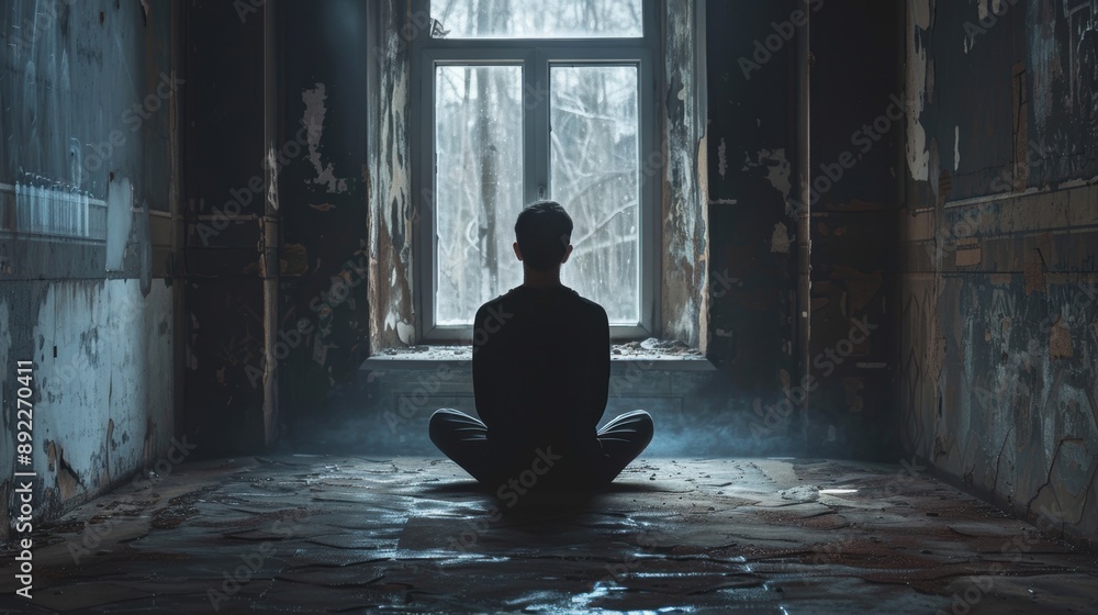 A man sits in meditation, silhouetted against a large window, in a dimly lit, abandoned building, creating a serene yet eerie atmosphere. A man sits in meditation, silhouetted against a large window, in a dimly lit, abandoned building, creating a serene yet eerie atmosphere.