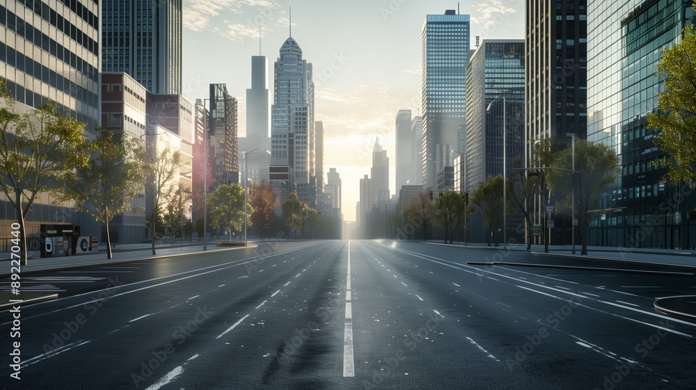 Fototapeta premium A tranquil morning view of an empty city street, lined with trees and modern skyscrapers, basking in the soft glow of dawn, reflecting the calmness and beauty of urban life