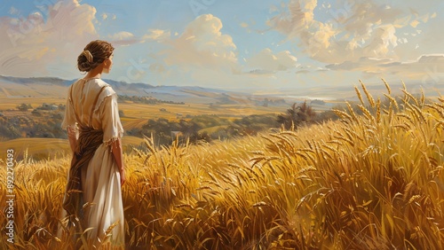 Illustration of Ruth from the Old Testament Gleaning in Boaz’s Fields - Golden Wheat, Warm Sun, and Serene Pastoral Landscape