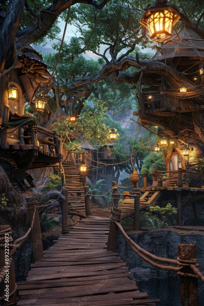 Obraz premium An empty stage in a fantastical treehouse village, with wooden platforms connected by rope bridges, lanterns hanging from the trees, and a canopy of leaves above. 