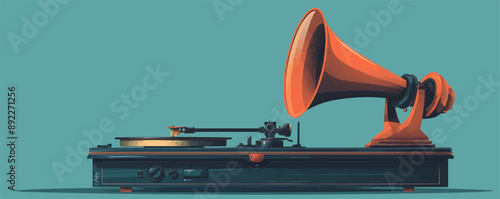 Vintage gramophone with vinyl records on a plain white background. Vector flat isolated illustration.