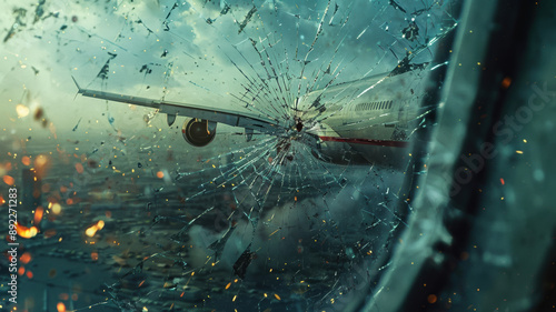 Captured mid-air through a shattered plane window, the aircraft's wings are visible, with a tense and chaotic scene unfolding outside. photo