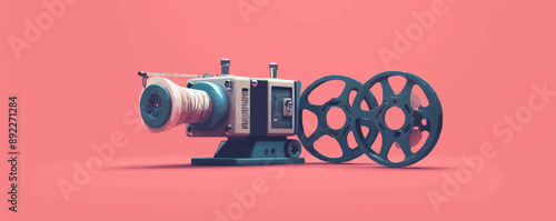 Retro movie projector with film reels Vector flat minimalistic isolated illustration