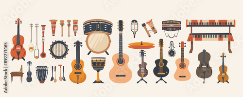 Musical instruments on a clean white surface. Vector flat isolated illustration.