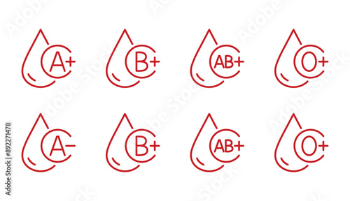 Blood type vector icons. Editable stroke thin line set. Red blood drop symbol with group A, B, AB, O positive and negative rhesus. Blood transfusion, donation, laboratory tests, medical procedures