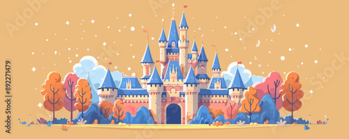 Whimsical fairytale castle with turrets and spires Vector flat minimalistic isolated illustration