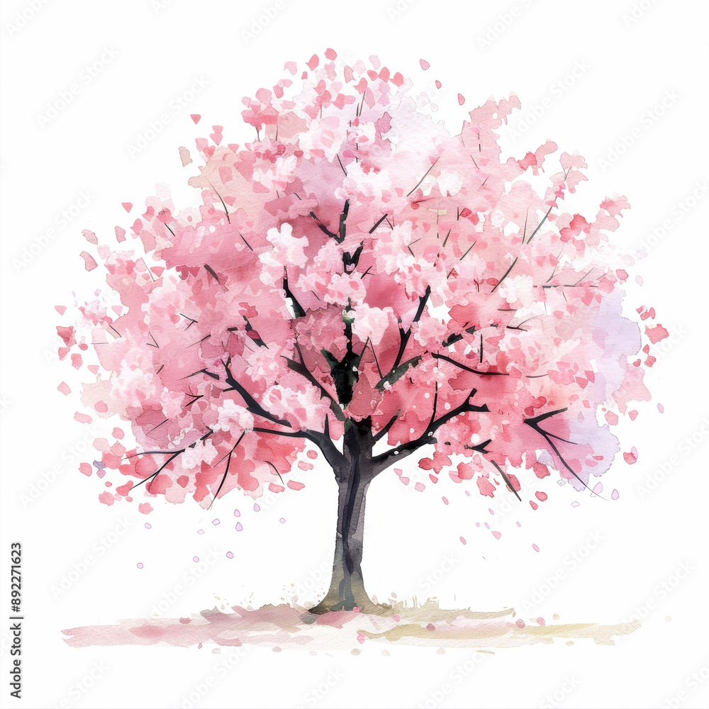 Fototapeta premium Watercolor Cherry Blossom Tree Illustration Spring Pink Floral Art Print