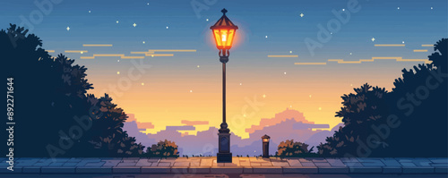 Old-fashioned street lamp with glowing bulb and pole Vector flat minimalistic isolated