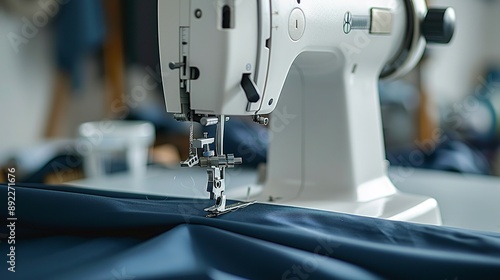 a white sewing machine, quality navy blue fabric sewing production