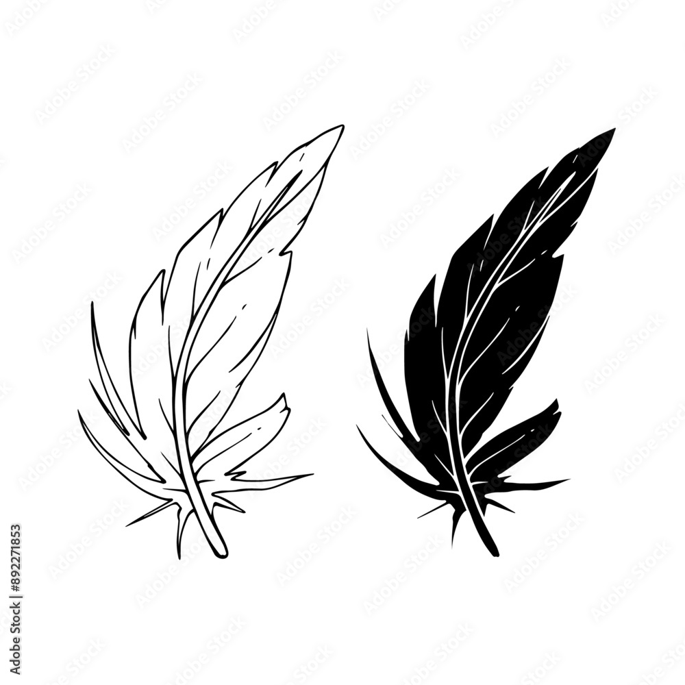 Linear sketch, outline, silhouette, bird feather stamp. Vector graphics. Linear sketch, outline, silhouette, bird feather stamp. Vector graphics.