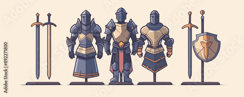 Medieval knight's armor displayed on a stand Vector flat minimalistic isolated illustration
