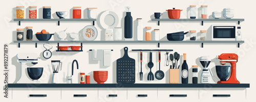 Modern kitchen gadgets and utensils for food preparation on a white background. Vector flat isolated illustration.
