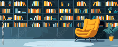 Modern bookstore with shelves of books and reading nooks Vector flat minimalistic isolated illustration