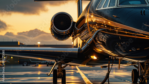 A premium black and gold private jet, parked at the airport during sunset, showcases luxurious business transport for VIPs, embodying the opulent lifestyle of millionaires and billionaires.