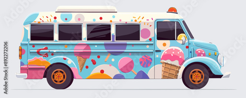 Vintage ice cream truck with colorful decals and treats Vector flat minimalistic isolated illustration