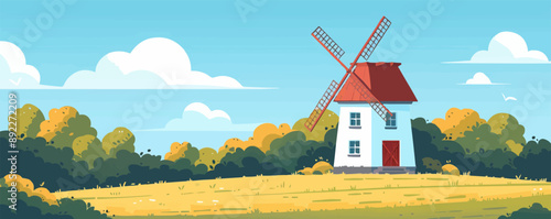 Quaint countryside windmill with rotating blades Vector flat minimalistic isolated illustration