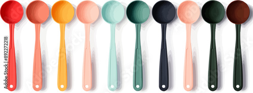 A set of measuring spoons, neatly arranged in ascending order of size, against a crisp white backdrop. Vector flat minimalistic isolated illustration