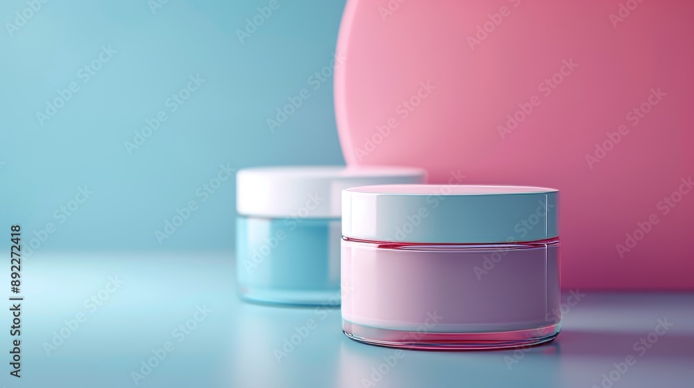 Two small containers of makeup sit on a blue surface Two small containers of makeup sit on a blue surface