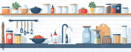 Kitchen countertop with cooking ingredients and utensils on a white background. Vector flat isolated illustration.
