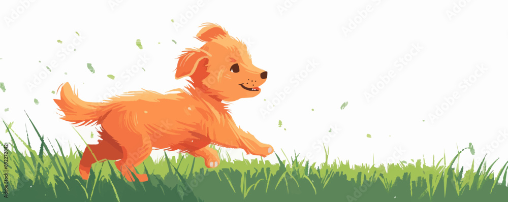 A playful puppy chasing its tail in a field of green grass on a white background. Vector flat minimalistic isolated illustration. A playful puppy chasing its tail in a field of green grass on a white background. Vector flat minimalistic isolated illustration.