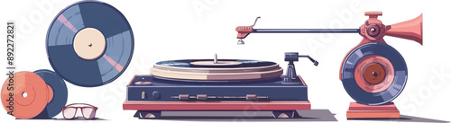 Vintage phonograph and vinyl records on a clean white surface. Vector flat isolated illustration