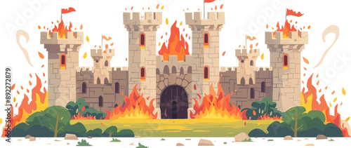 Medieval castle gatehouse with a roaring bonfire Vector flat minimalistic isolated illustration