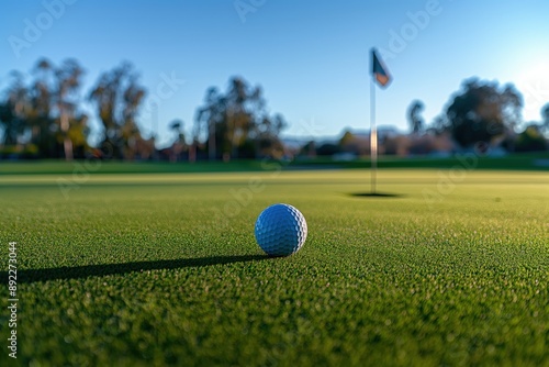 Close-up photo of a golf ball lying on green grass, with the hole and a flag visible in the background. The scene is set against a blue sky. Space for copy. Golf and leisure concept. 