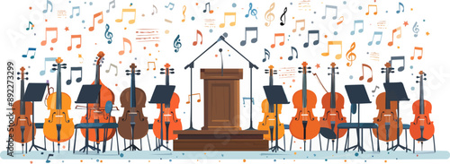 Orchestra instruments and conductor's podium with music stand on a clean white surface. Vector flat isolated illustration.