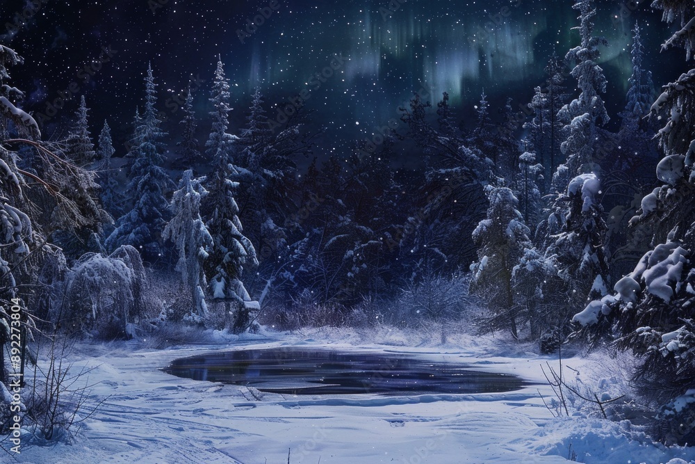 A magical winter forest, with snow-covered trees, a frozen pond, and northern lights shimmering in the night sky A magical winter forest, with snow-covered trees, a frozen pond, and northern lights shimmering in the night sky