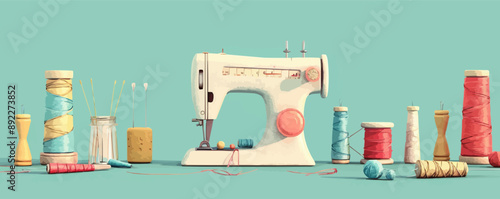 Vintage sewing machine with pedal, needle, and thread Vector flat minimalistic isolated illustration