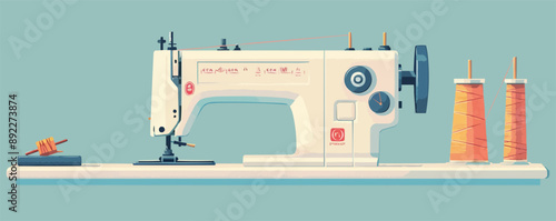 Vintage sewing machine with pedal, needle, and thread Vector flat minimalistic isolated illustration