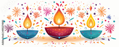 A Diwali celebration with colorful lights and fireworks, symbolizing the Hindu Festival of Lights on a white background. Vector flat minimalistic isolated