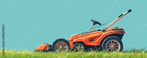 Nostalgic push lawn mower on green grass Vector flat minimalistic isolated illustration