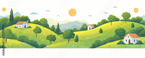 Bucolic countryside scene with rolling hills and idyllic farmsteads. Vector flat minimalistic isolated illustration