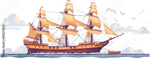 Rustic wooden sailing ship Vector flat minimalistic isolated illustration