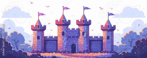 Medieval castle tower with flags waving in the wind Vector flat minimalistic isolated illustration