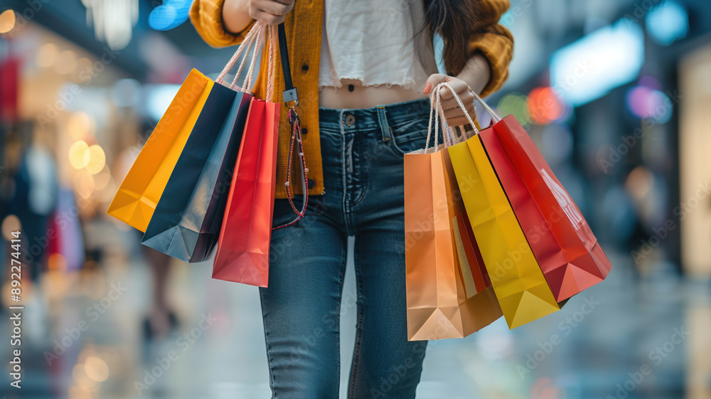 A woman carrying shopping bags in a boutique, holding the fashion items and clothes she purchased in a mall or retail store, reflects holiday consumerism.